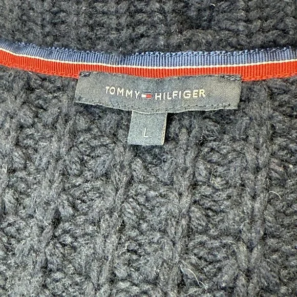 Tommy Hilfiger Waffle Chunky Knit Wool Bld Cardigan Womens L Sweater Collar Hood - Picture 6 of 11